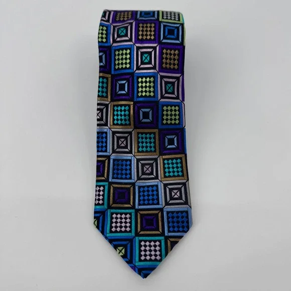 Robert Talbott Silk Tie Geometric Squares Pattern Purple Blue Green - Picture 1 of 6